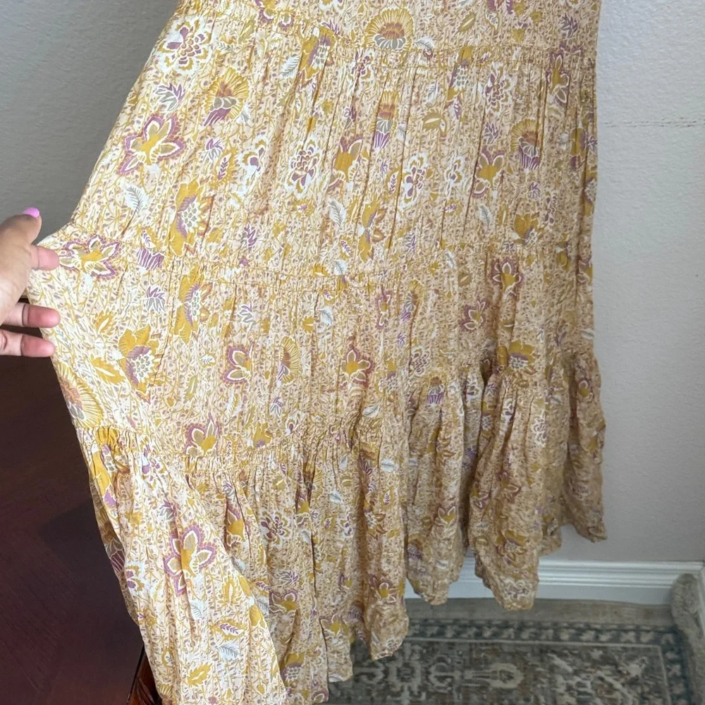 Free People getaway babydoll ruched Mustard tiered Floral Maxi Dress S